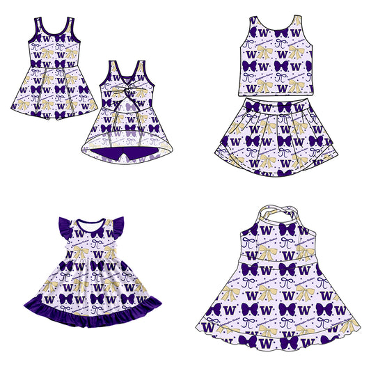 Custom moq 5 mix size milk silk summer teams baby girls clothes team bow purple sleeveless skirts sets and dress 1 and dress 2 and dress 3-25.6.25