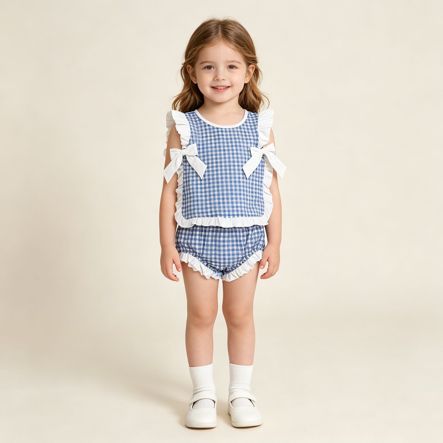 RTS NO MOQ Sibling milk silk Baby Girls Checked Bows Tunic Bummies Clothes Sets
