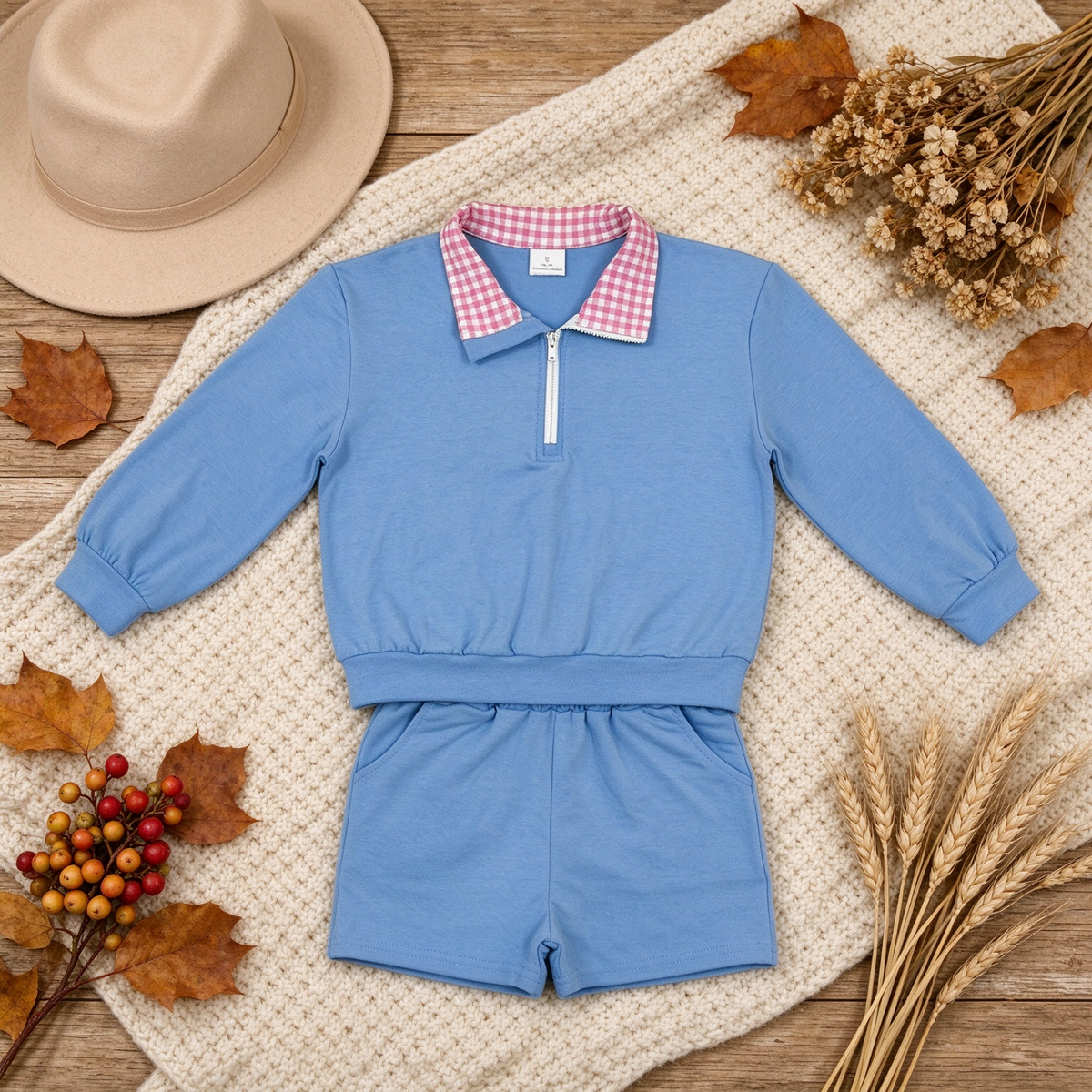 NEW RTS NO MOQ cotton GLS0228 Baby Girls Blue Long Sleeve Zip Front Pullover Side Pockets Short Set