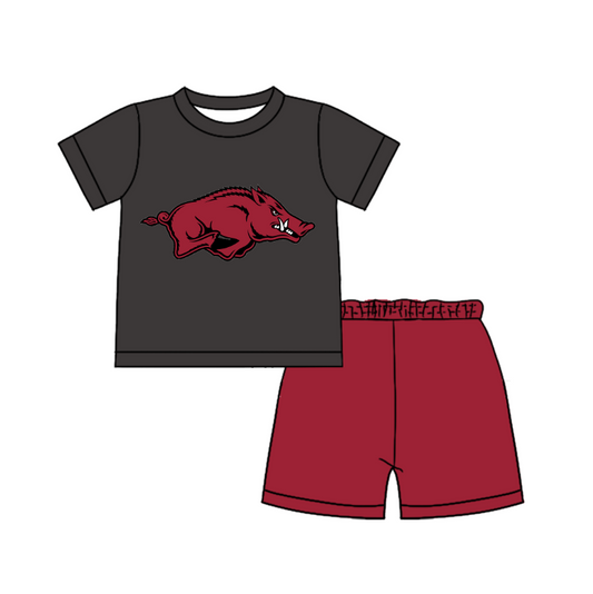 Custom moq 5 mix size milk silk summer teams Baby Boy's black Short-Sleeved O-Neck Top And solid color Shorts Set