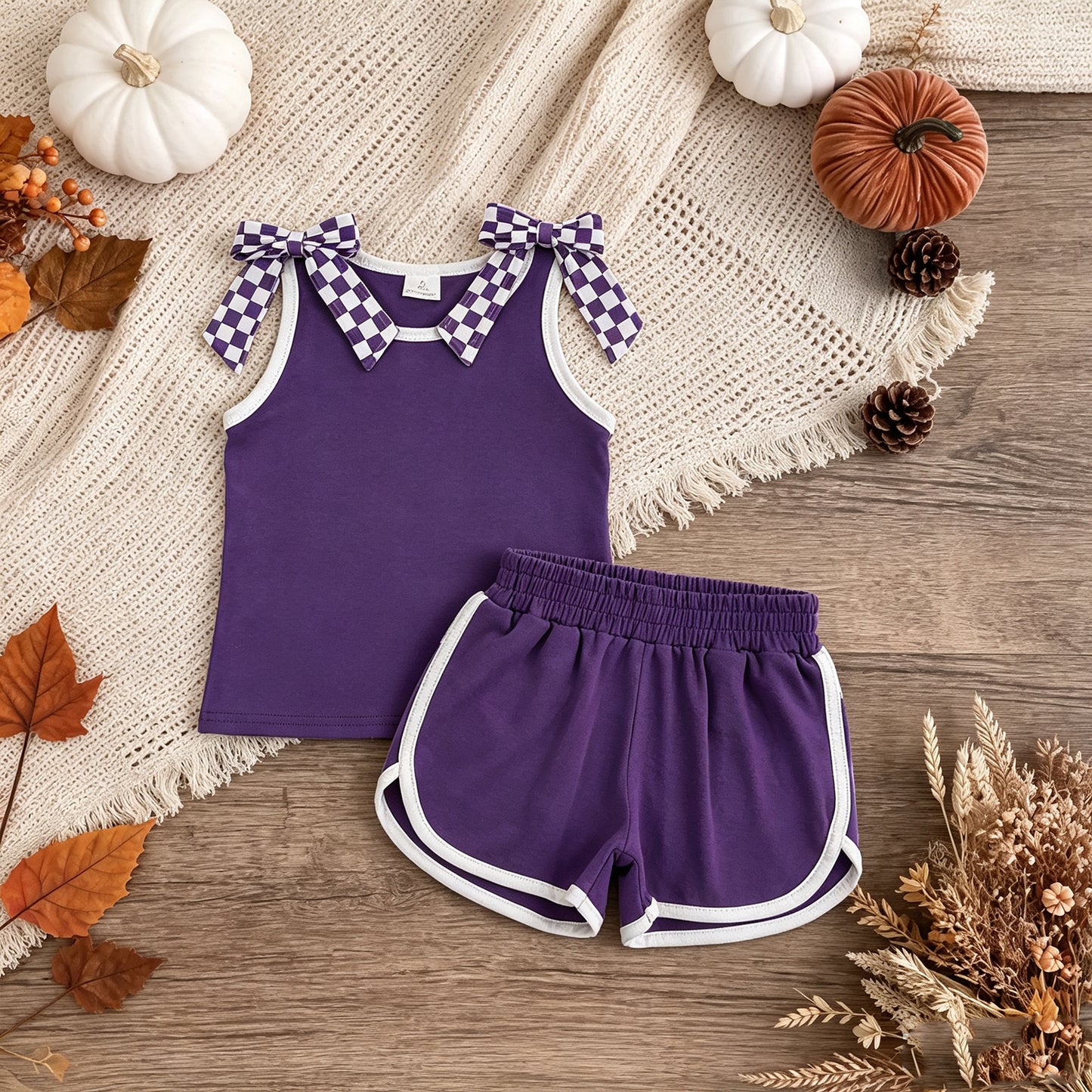NEW RTS NO MOQ cotton GSSO3814 Baby Girls Purple Checked Bow Sleeveless Top Short Bottom Outfit Set