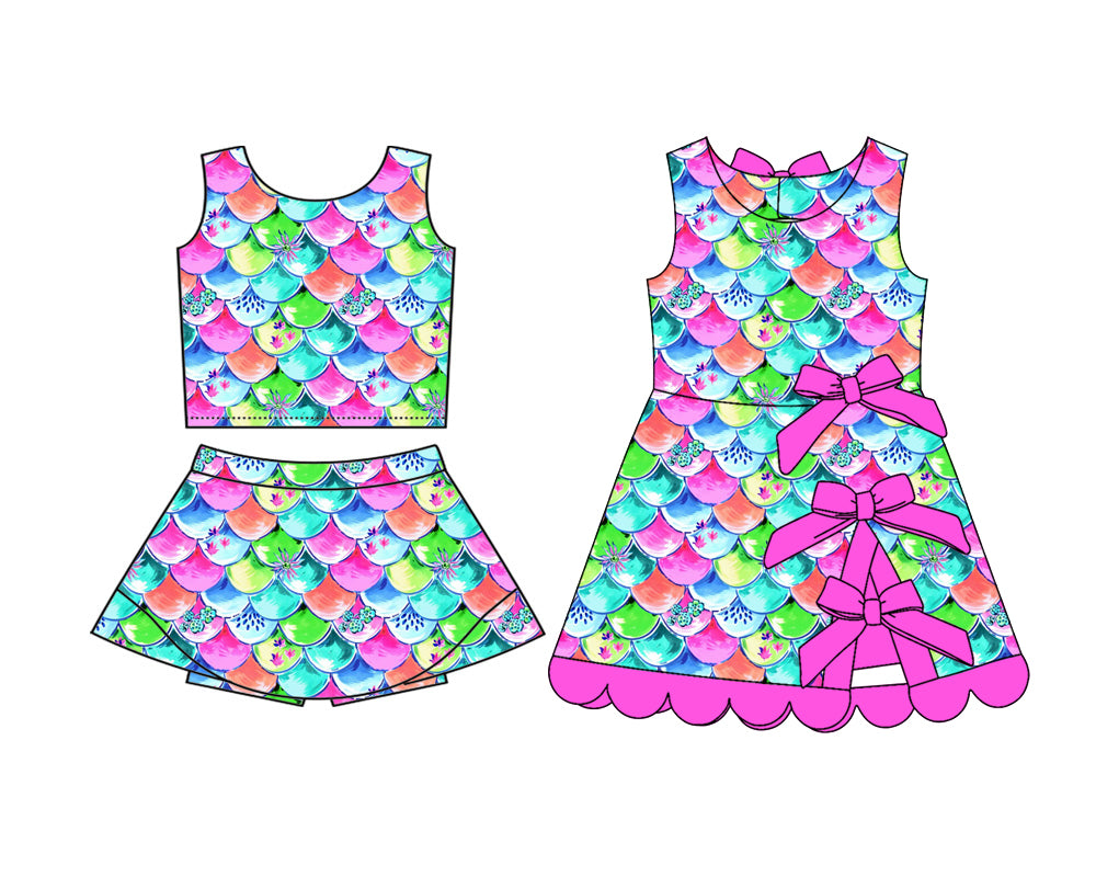 4.8  Custom moq 5 mix size Sibling Baby Girls Fish scales Sleeveless Top Skirt Shorts Sets Yoga Active Scallop Short Knee Length Dress