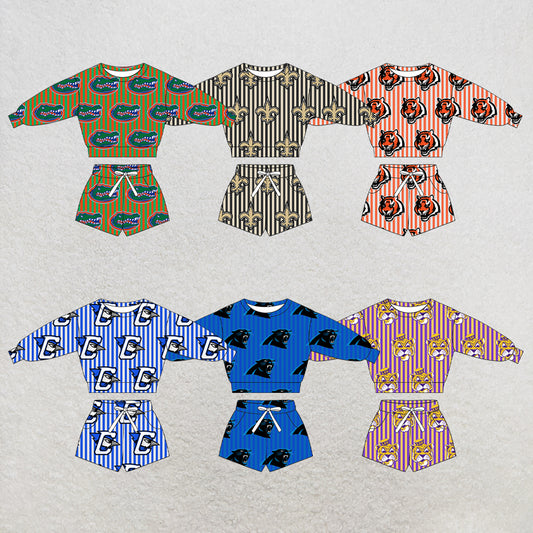 custom moq 5 mix size XY071405 Baby Kids Stripe Long Sleeve Top Drawstring Shorts Clothes Set