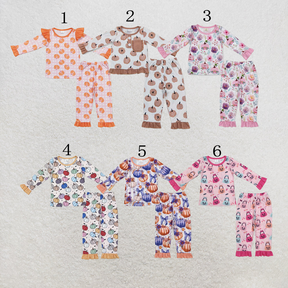 RTS NO MOQ Sibling milk silk Baby Girls Pumpkins Plaid Top Ruffle Pants Fall Bamboo Pajamas Sets