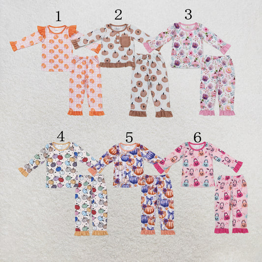 RTS NO MOQ Sibling milk silk Baby Girls Pumpkins Plaid Top Ruffle Pants Fall Bamboo Pajamas Sets