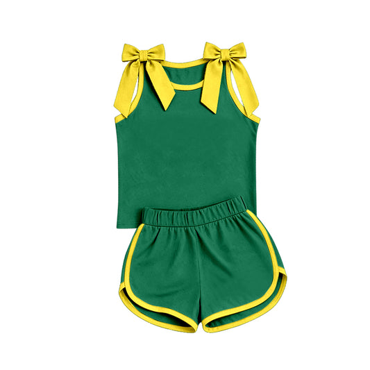 custom moq 5 mix size Baby Girls Yellow Bow Green Sleeveless Top Shorts Clothes Set