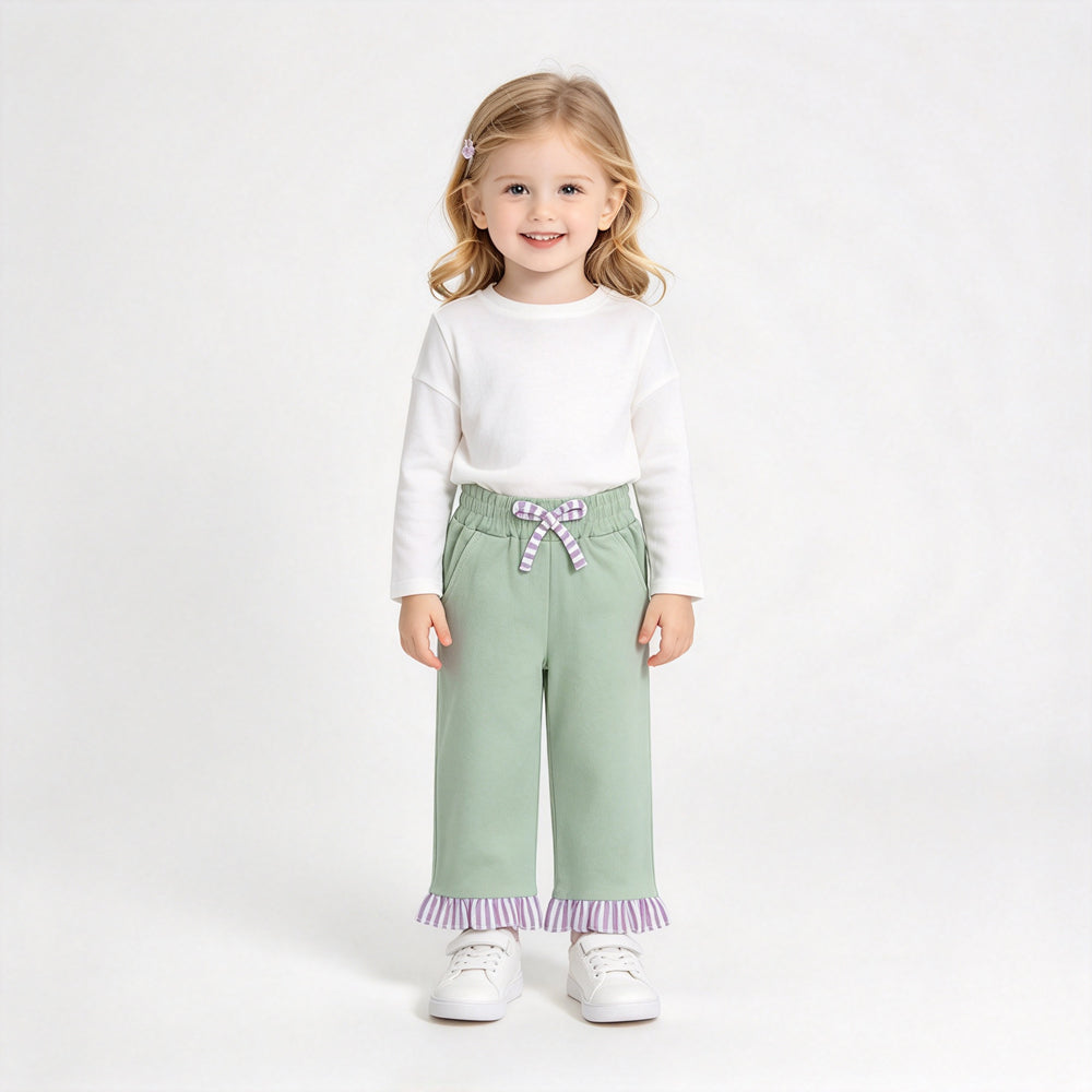 RTS NO MOQ Sibling cotton Baby Girls Solid Wide Leg Bottoms Stripe Ruffle Hem Pants