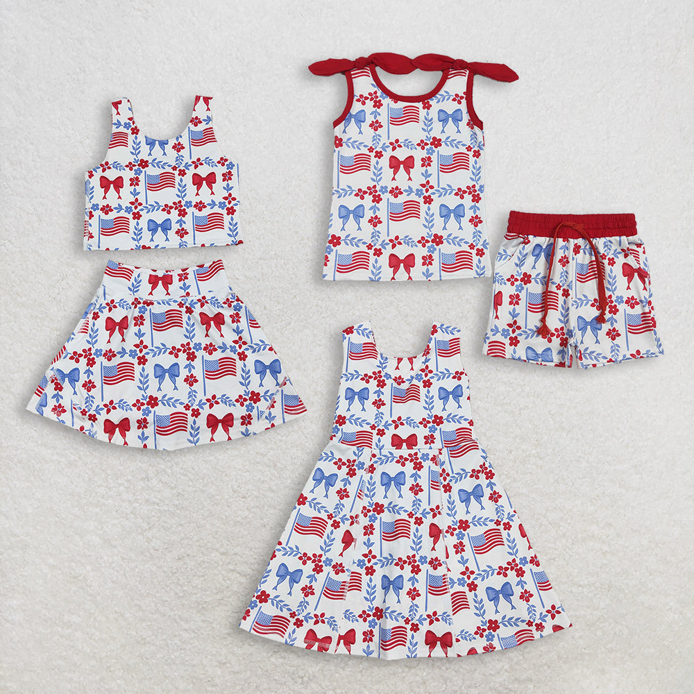 RTS NO MOQ Sibling Baby Girls 4th of July Clothes Set Flag Flower Bows Checked Yoga Knee-Length Dress Top Short for Kids