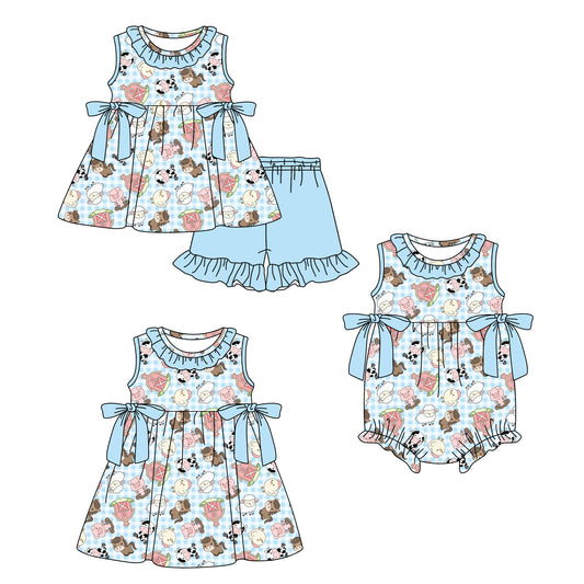 4.7  Custom moq 5 mix size Sibling Baby Girl's Blue Checkered Animal Farm Sleeveless Tunic Ruffle Shorts Set Cute Romper Dress for Summer