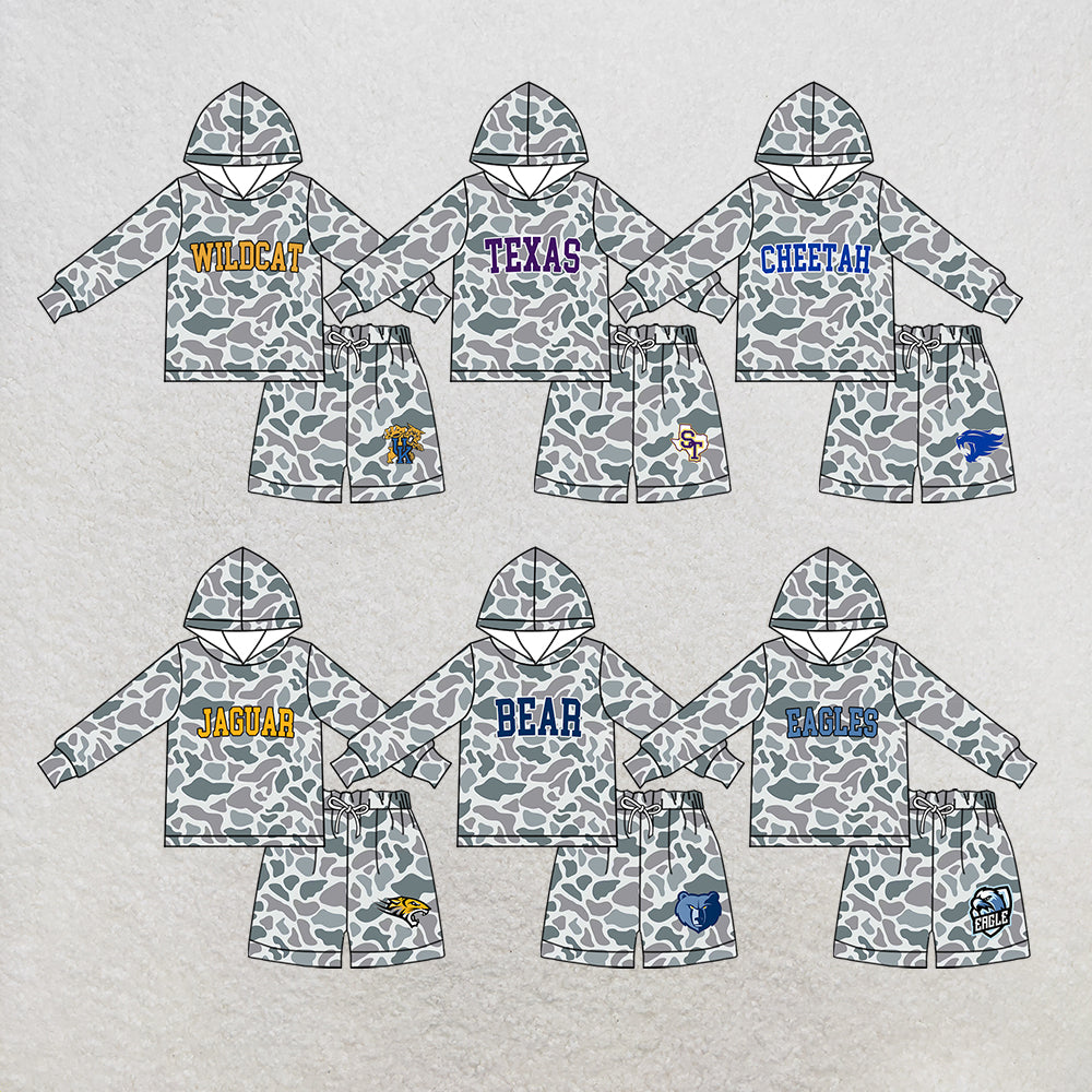 custom moq 5 mix size MSD072305 Baby Kids Camo Long Sleeve Hoodie Top Camo Shorts Team Set