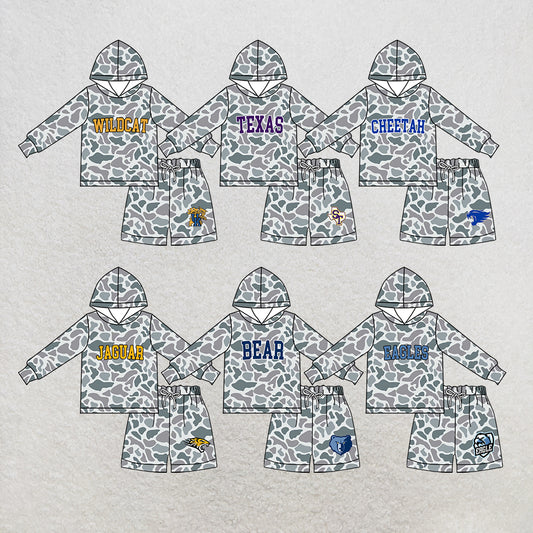 custom moq 5 mix size MSD072305 Baby Kids Camo Long Sleeve Hoodie Top Camo Shorts Team Set
