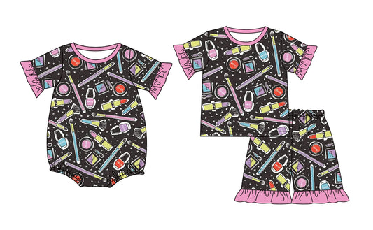Custom moq 5 mix size Sibling Pink Short-Sleeved Baby Girl Pajama Set with Top And Shorts Romper for Little Ones
