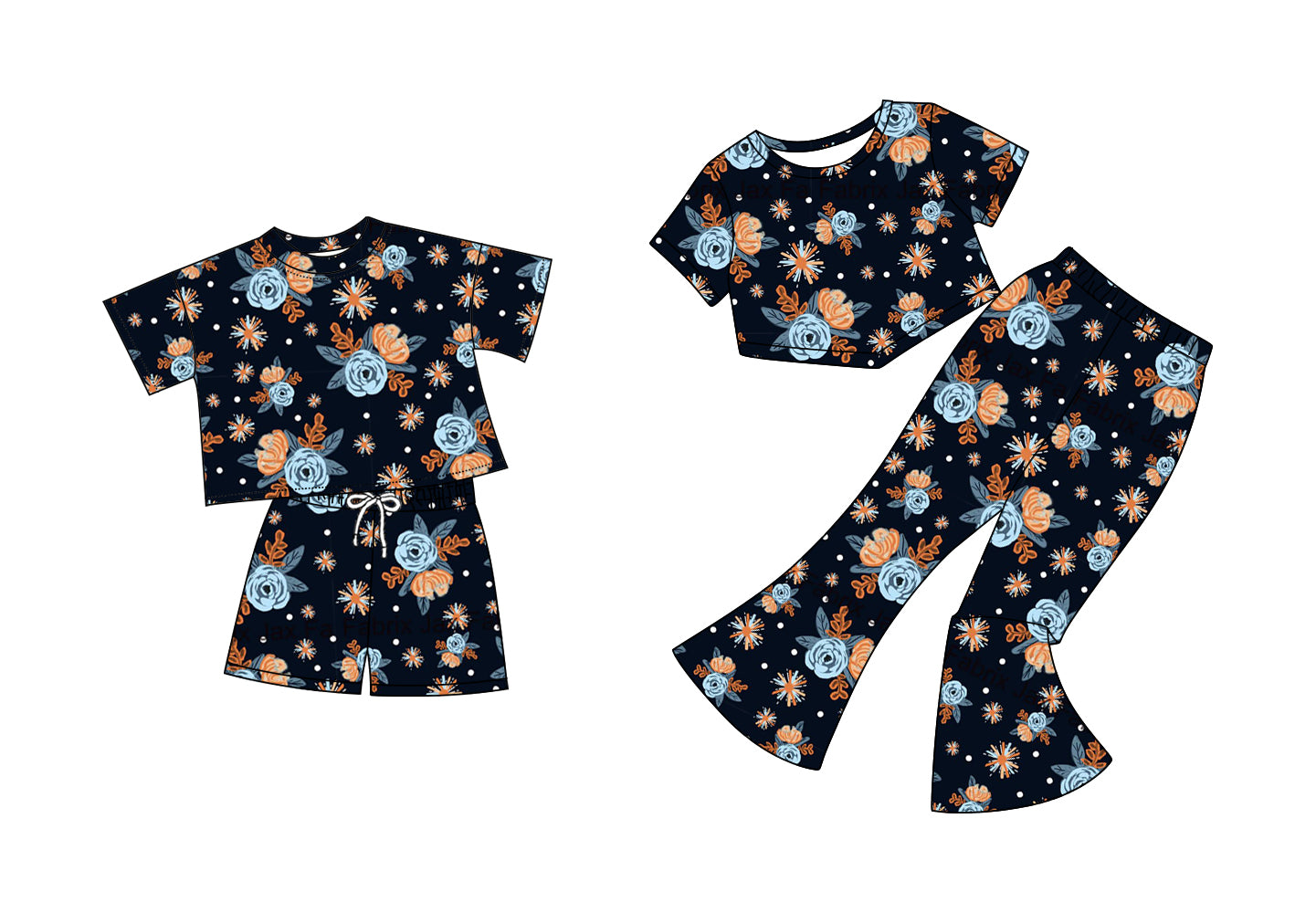 5.2 custom each style moq 5eta 4-6week Sibling Sisters floral baby short sleeve shorts sets and pants sets match family design