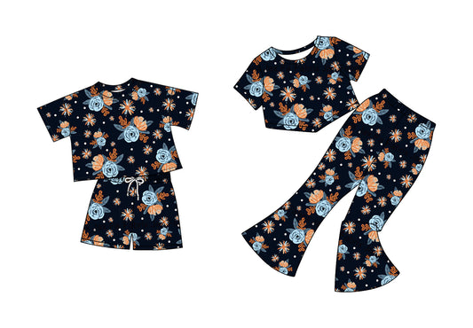 5.2 custom each style moq 5eta 4-6week Sibling Sisters floral baby short sleeve shorts sets and pants sets match family design