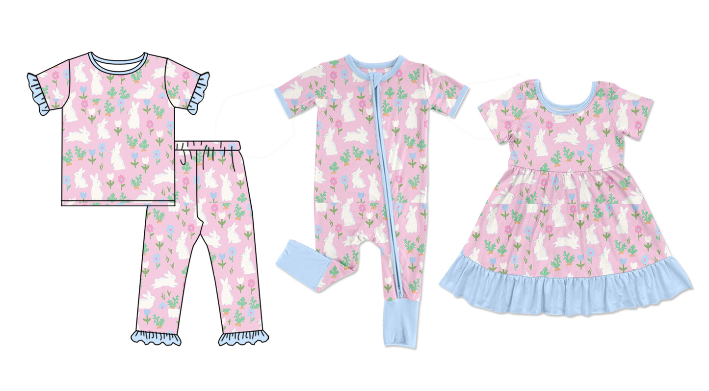 25.10.27 custom each style moq 5 eta 6-8week Sibling Sisters bunny floral baby girl short sleeve pants sets and dress and rompers match family design