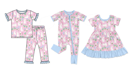 25.10.27 custom each style moq 5 eta 6-8week Sibling Sisters bunny floral baby girl short sleeve pants sets and dress and rompers match family design