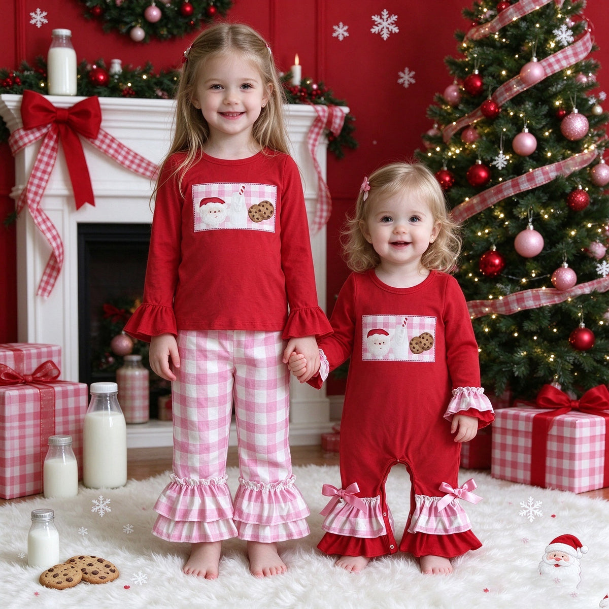Toddler & Baby Girls Santa Milk Cookies Pink Gingham Christmas Collection - Ruffle Sleeve Pant Set & Baby Ruffle Bow Romper