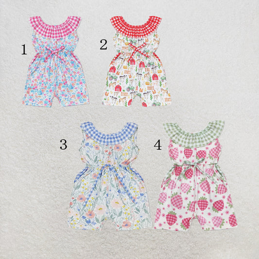 RTS NO MOQ Milk Silk  Sibling Baby Girls Ruffle Neck Summer Pockets Shorts Jumpsuits