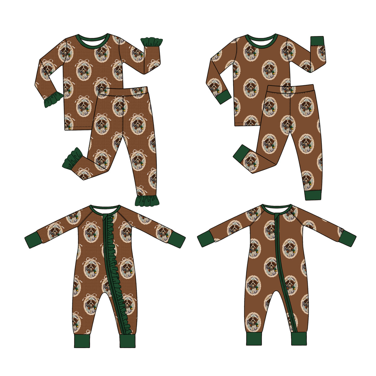 (Preorder new) No moq Baby Boys And Girls Brown Dog Duck Came Print Green Ruffle Cuff Long Sleeve Pajama Set