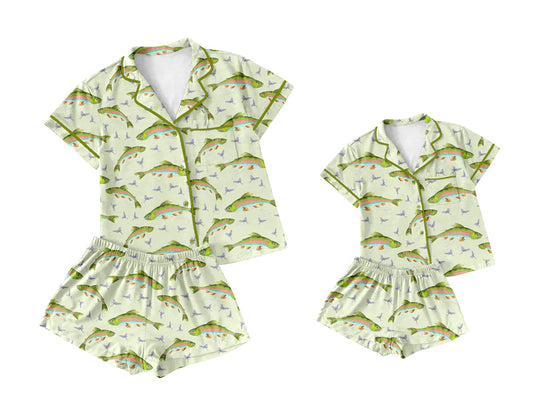3.1 custom each style moq 5eta 4-6week Sibling Sister fish short sleeve shorts sets and adult sets match design