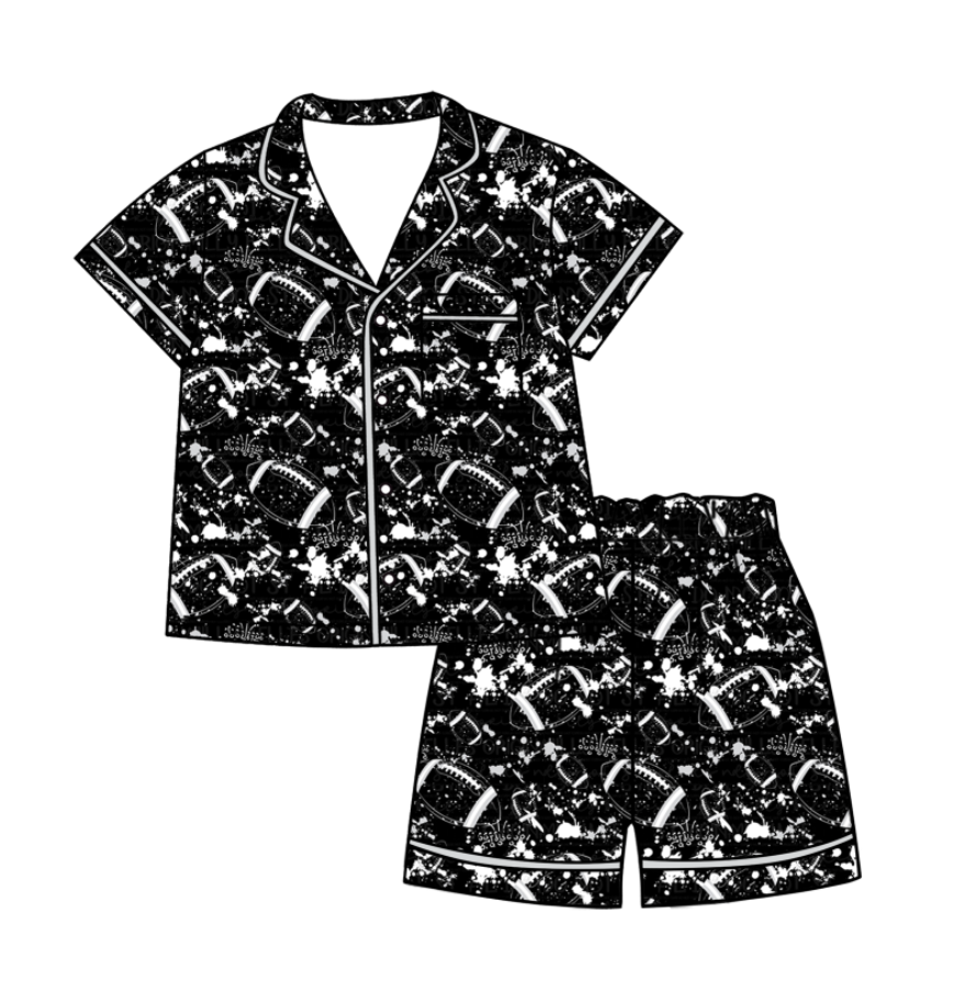 Custom moq 5 mix size milk silk summer teams Baby Girls Football Button Pocket Top Short Pajamas Sets Cute Infant Sleepwear