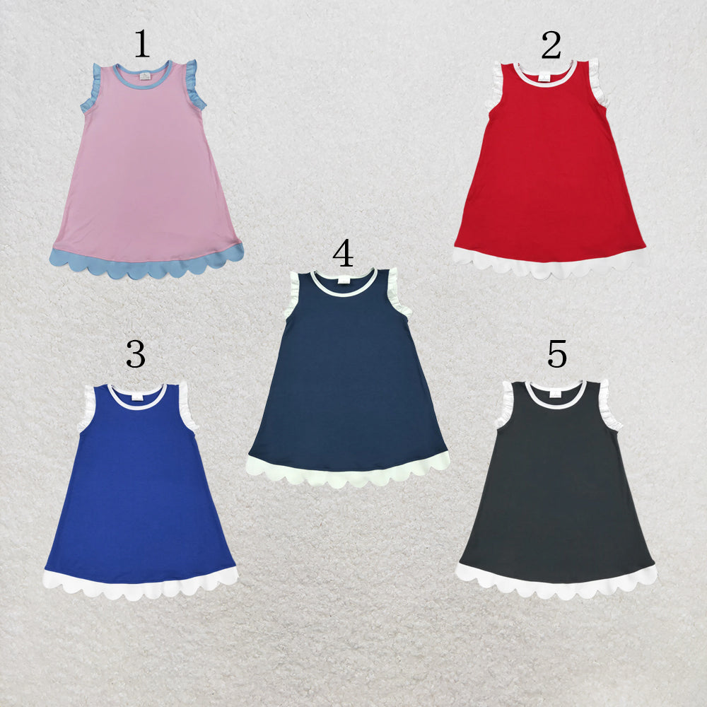 RTS NO MOQ Sibling milk silk Sibling Baby Girls Sleeveless Scallop Knee Length Dresses