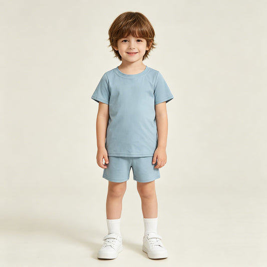 RTS NO MOQ BT1762 milk silk Baby Boys Casual Light Blue Short Sleeve Back Baseball Print T Shirt