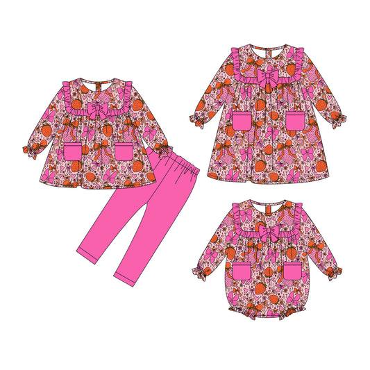 25.10.2 custom each style moq 8 eta 6-8week Sibling Sisters strawberry love bow baby girl long sleeve pants sets and dress and rompers match family design