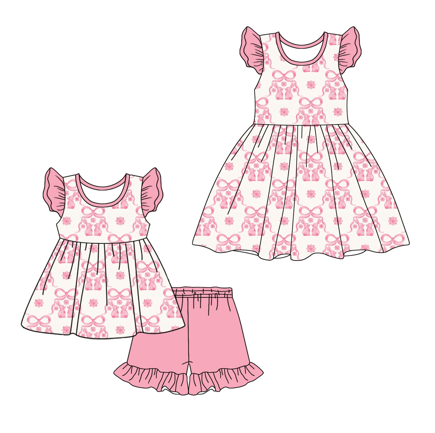 12.6 custom each style moq 5eta 4-6week Sibling Sister easter bow baby girl short sleeve shorts sets and dresses match design