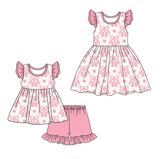 12.6 custom each style moq 5eta 4-6week Sibling Sister easter bow baby girl short sleeve shorts sets and dresses match design