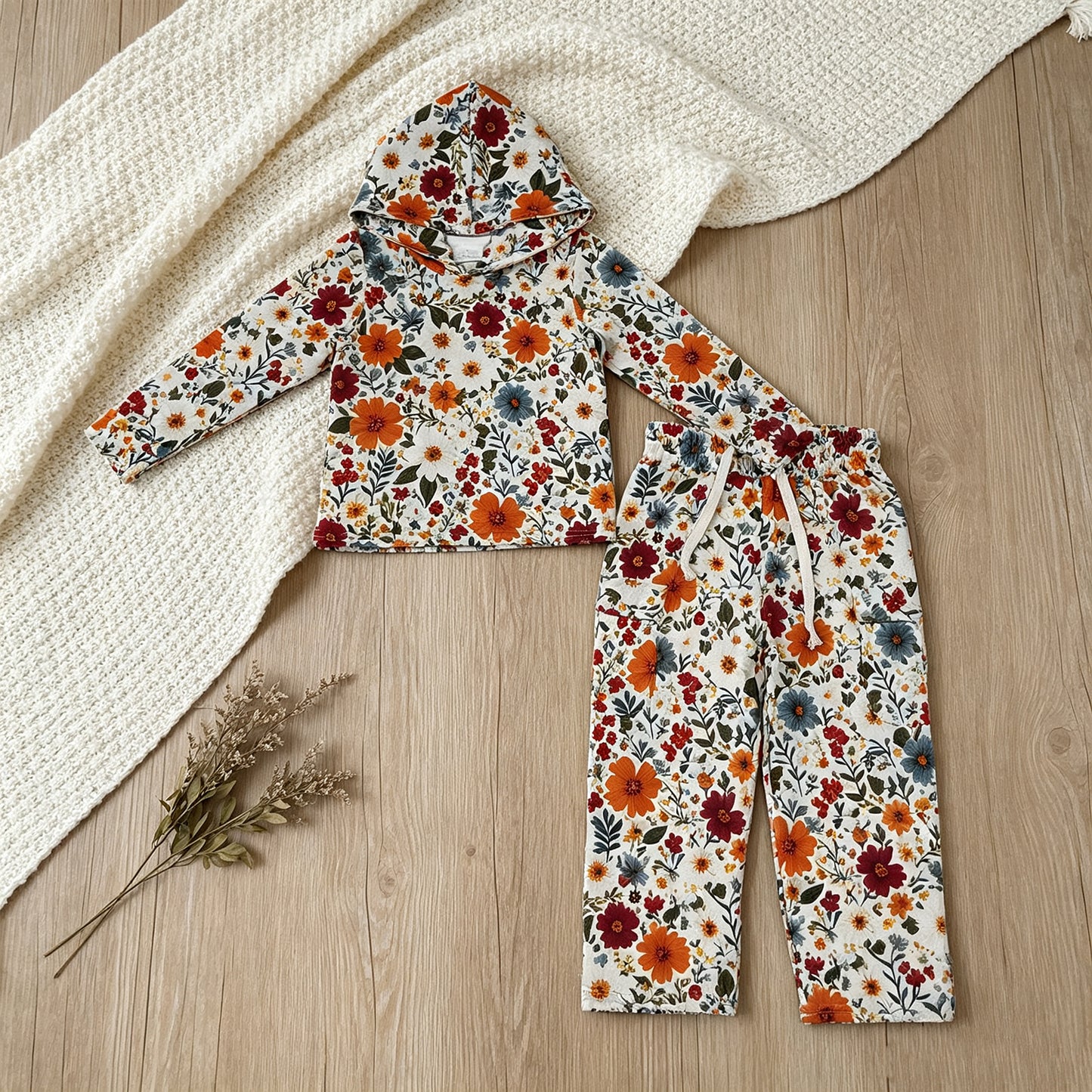 NEW RTS NO MOQ milk silk GLP3321 Baby Girls Colorful Flowers Pocket Hoodie Top Pant Set