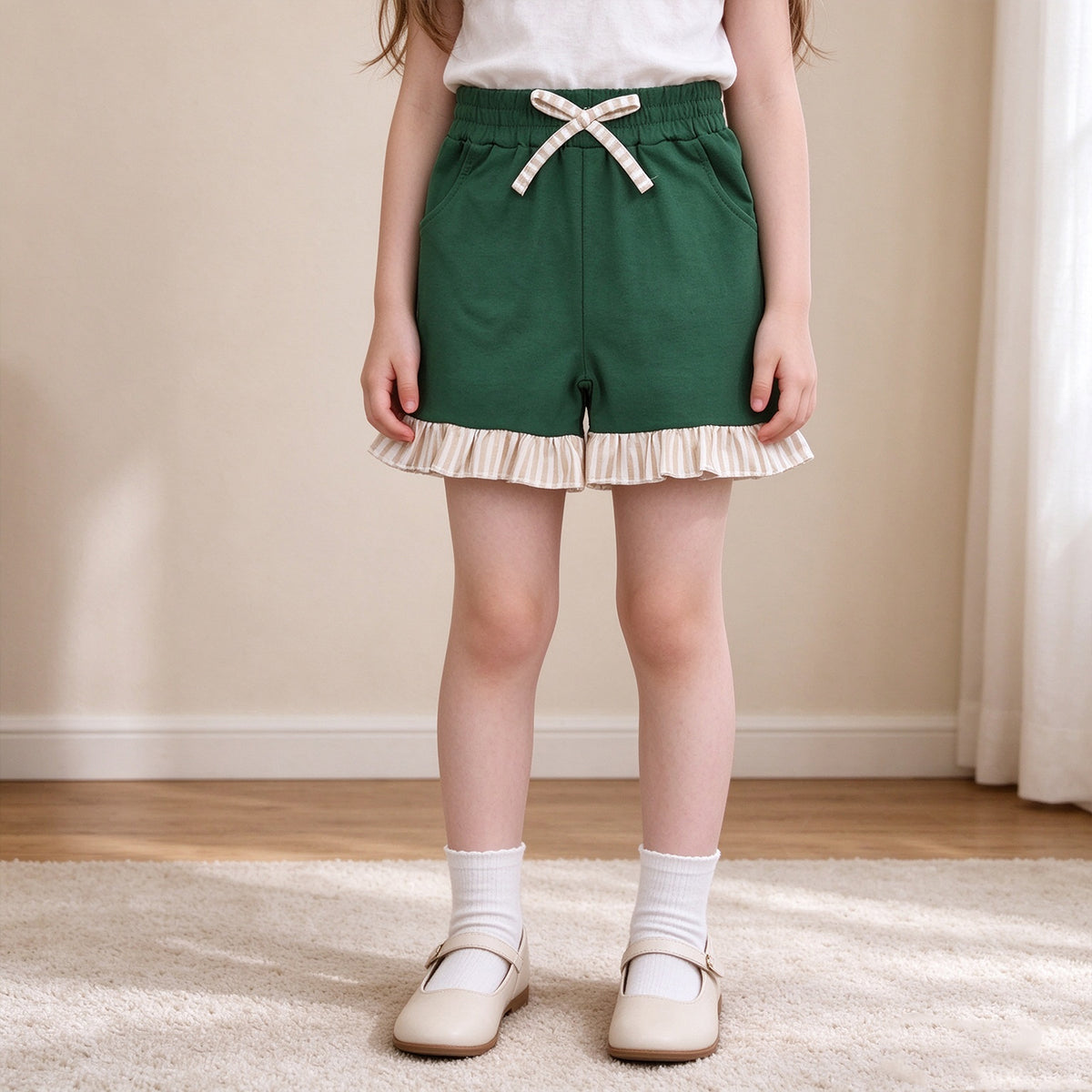 NEW RTS NO MOQ cotton SS0998 Baby Girls Green Stripe Bow Pockets Summer Shorts Bottom