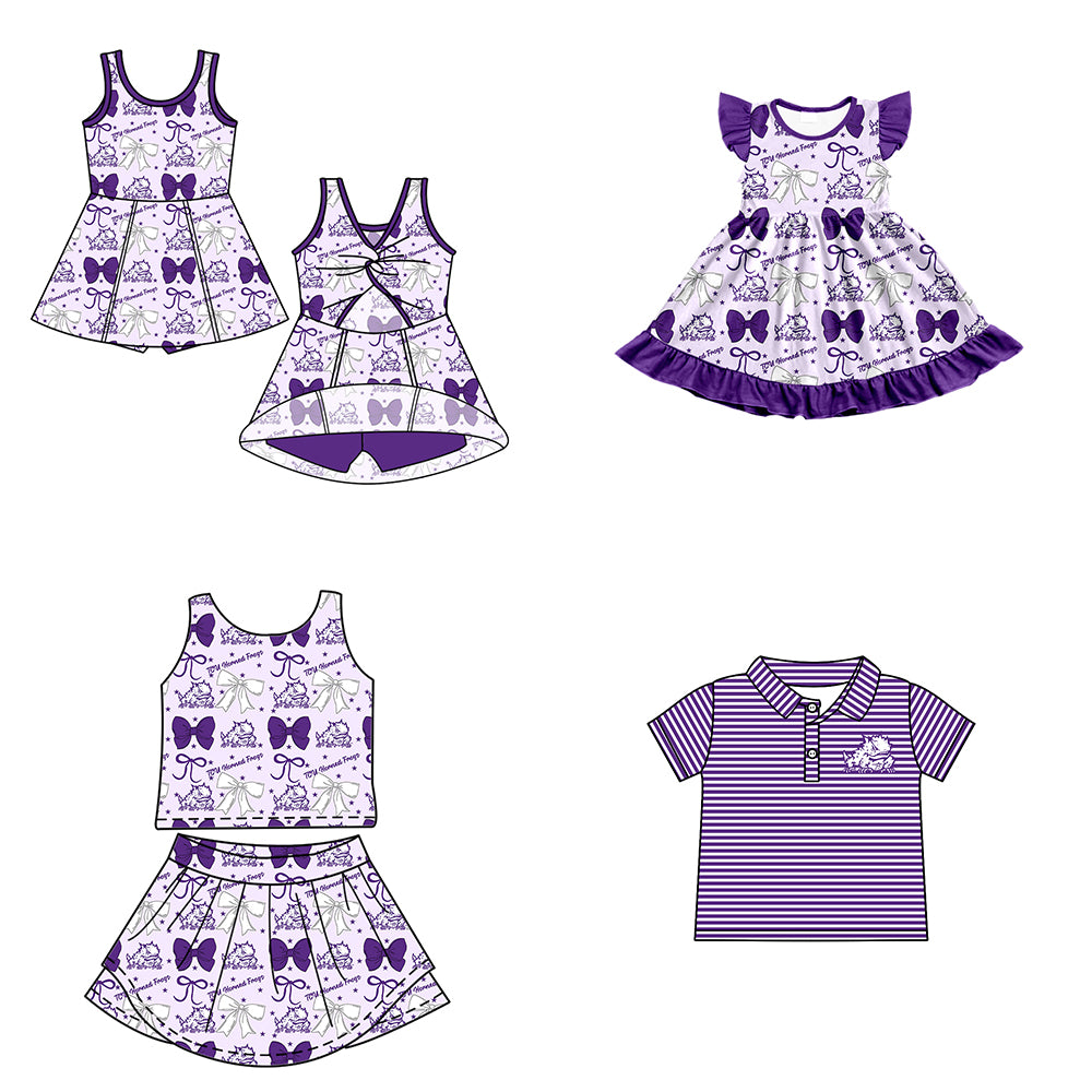 Custom moq 5 mix size milk silk summer teams baby girls clothes team bow purple sleeveless skirts sets and dress 1 and dress 2 and top-25.6.23
