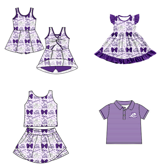 Custom moq 5 mix size milk silk summer teams baby girls clothes team bow purple sleeveless skirts sets and dress 1 and dress 2 and top-25.6.23
