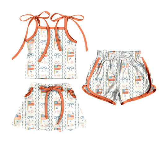 3.20 Custom moq 5 mix size Sibling Baby Girl's 4th of July Strap Top And Skirt Set with Matching Drawstring Shorts Outfit