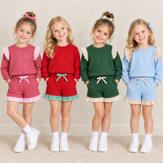 RTS NO MOQ Sibling cotton Baby Girls Stripe Long Sleeve Top Pockets Ruffle Short Clothes Set