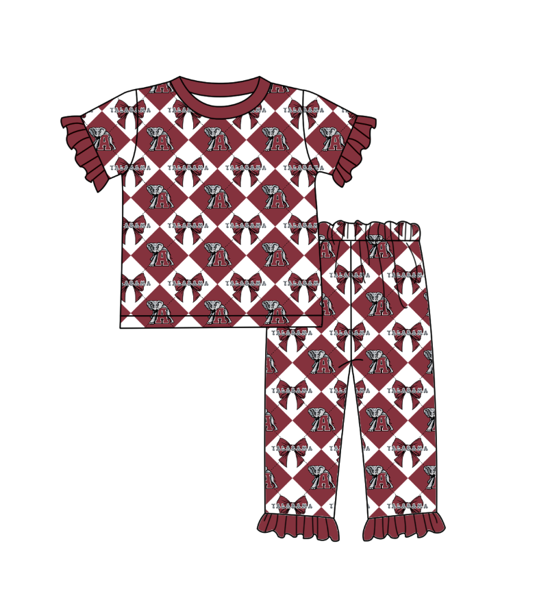 Custom moq 5 mix size Dark Red Plaid Baby Pajama Set Short-Sleeved Top And Trousers Comfortable Sleepwear for Baby Girls Clothing Team Set