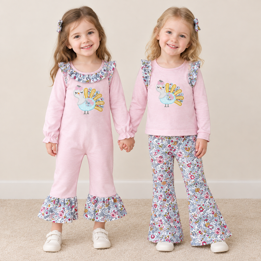 RTS NO MOQ Sibling milk silk Embroidered Baby Girls Thanksgiving Turkey Pink Long Sleeve Top Floral Bell Bottom Pants Set Romper