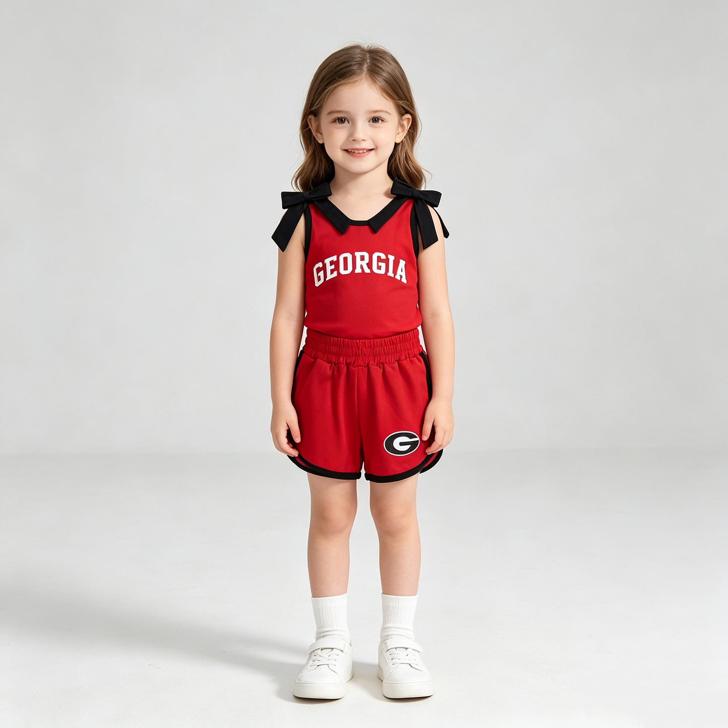 NEW RTS NO MOQ milk silk GSSO3834 Vinyl Baby Girls Team Solid Black Bow Sleeveless Red Top Short Bottom Outfit Set