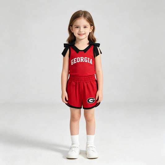 NEW RTS NO MOQ milk silk GSSO3834 Vinyl Baby Girls Team Solid Black Bow Sleeveless Red Top Short Bottom Outfit Set