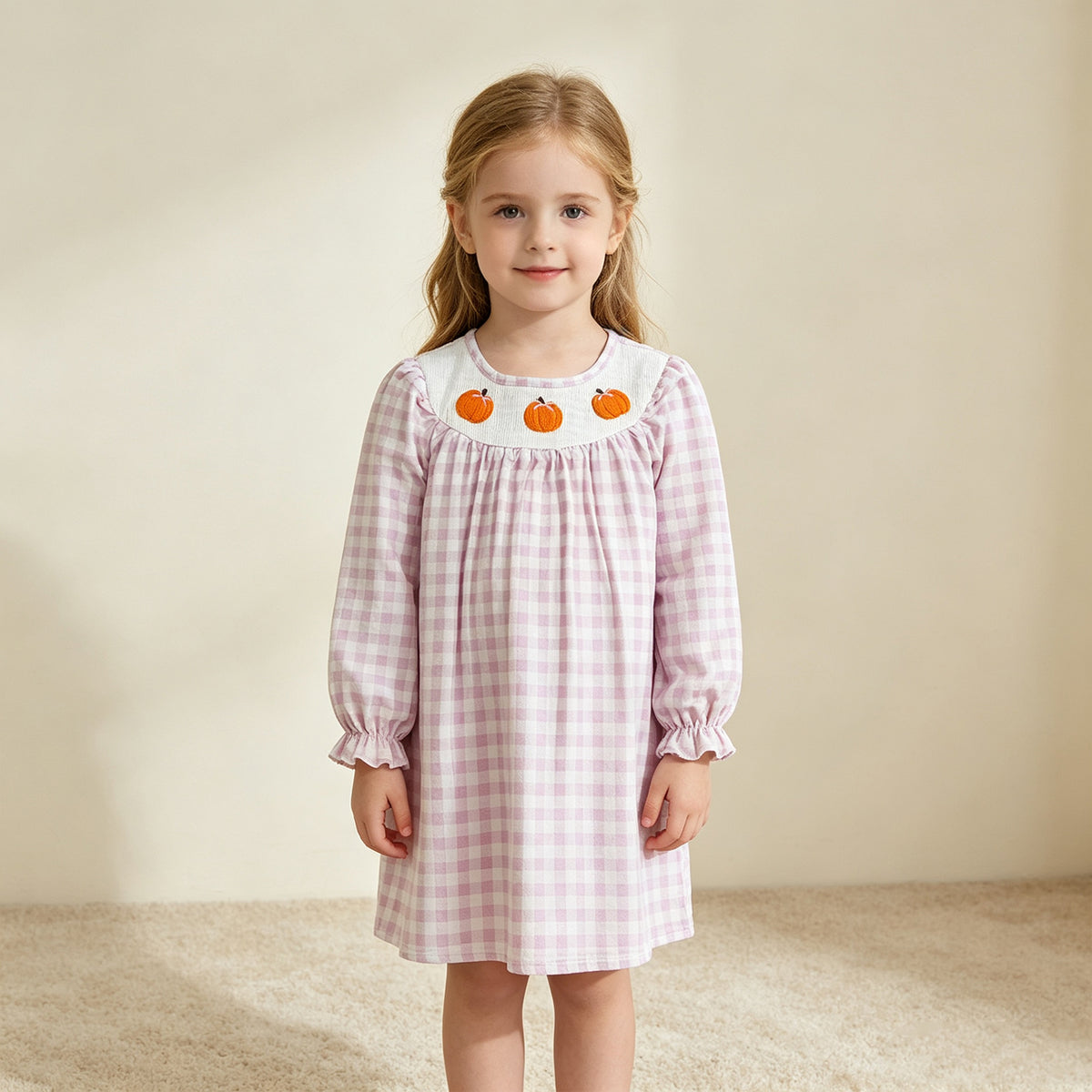 NEW RTS NO MOQ milk silk GLD1649 Smocked Baby Girls Fall Pink Checked Pumpkin Print Long Sleeve Knee Length Dress（3-6M-7-8T）