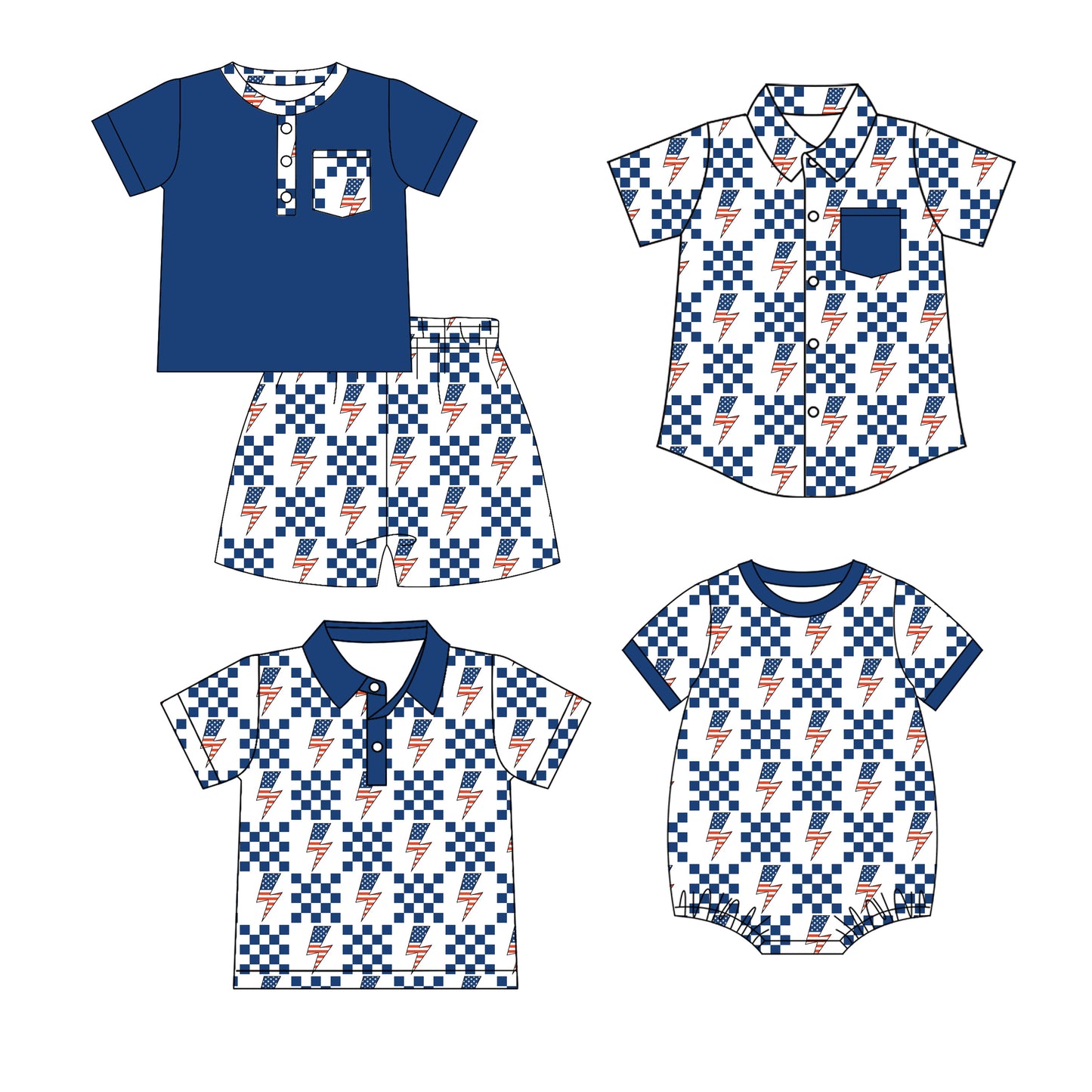 4.6 Custom moq 5 mix size Sibling Baby Boy's Short-Sleeved Checked 4th of July Outfit Set with Matching Polo Shirt And Button-Down Shirt Romper