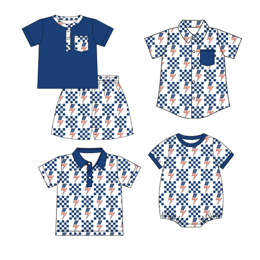 4.6 Custom moq 5 mix size Sibling Baby Boy's Short-Sleeved Checked 4th of July Outfit Set with Matching Polo Shirt And Button-Down Shirt Romper