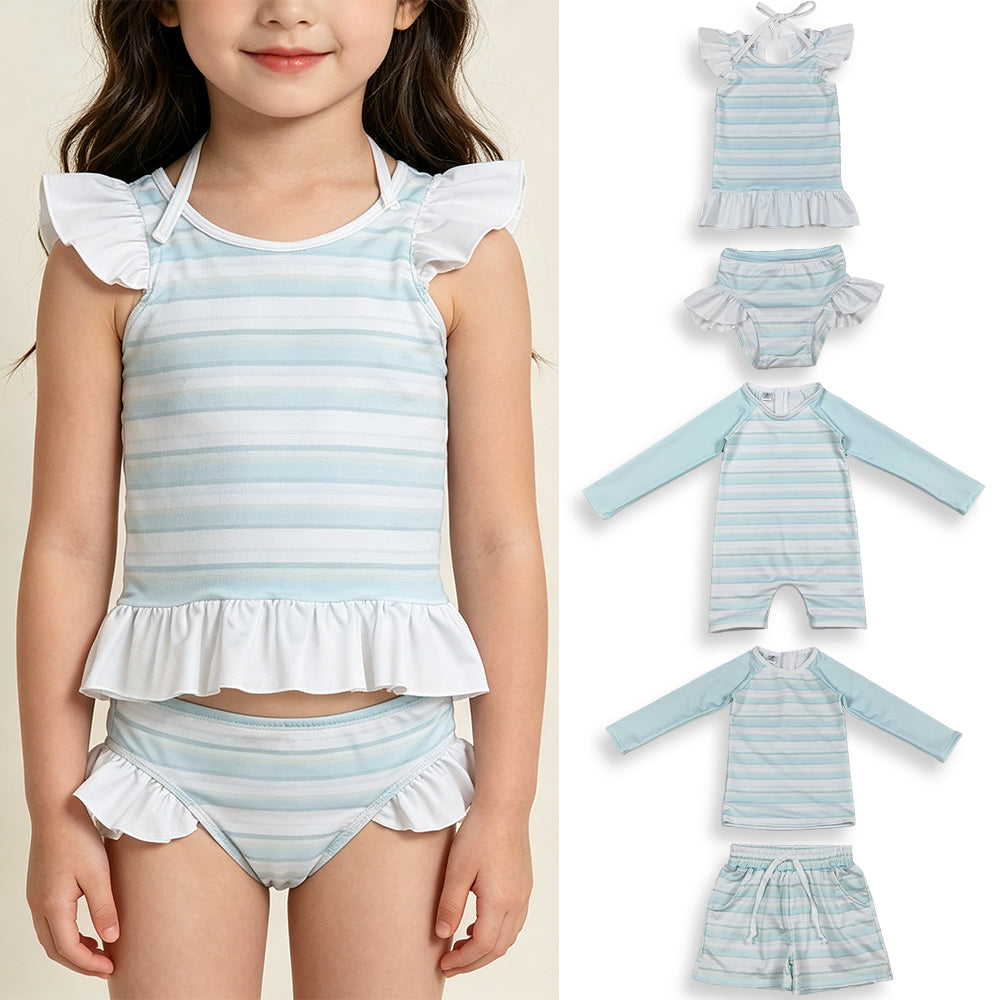 RTS NO MOQ Sibling Baby Girls Light Blue Stripe Ruffle Top Bummies Swimsuit Boys Light Blue Stripe Top with Pockets Shorts Swimsuit  Romper Swimsuits