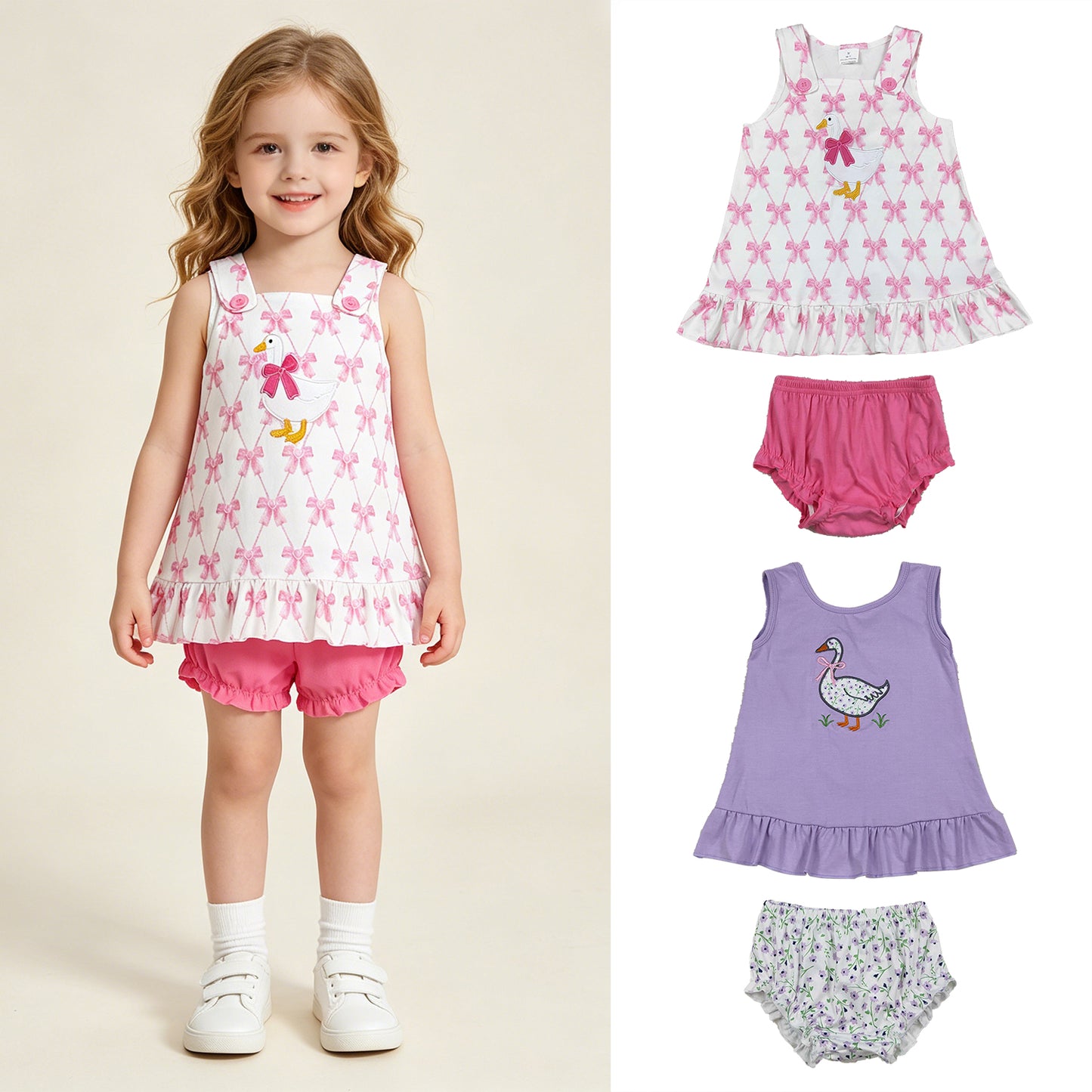 RTS NO MOQ Sibling Baby Girls Cute Embroidery Floral Goose Back Bow Bummies Set