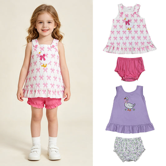 RTS NO MOQ Sibling Baby Girls Cute Embroidery Floral Goose Back Bow Bummies Set