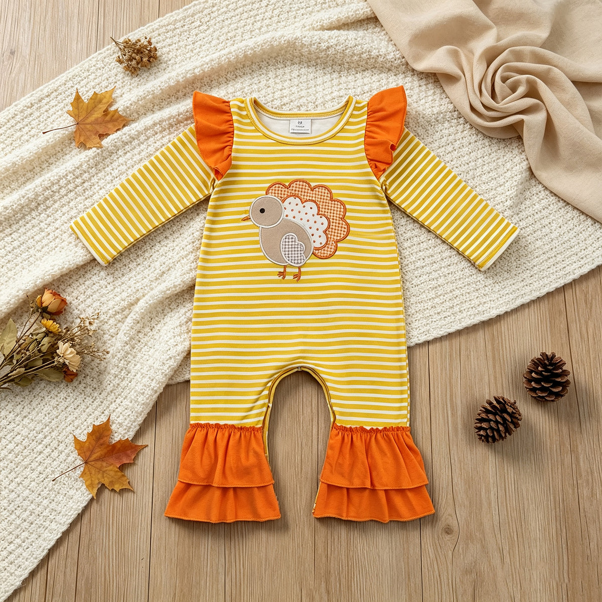 NEW RTS NO MOQ milk silk LR3144 Embroidery Baby Girls Orange Stripe Turkey Print Ruffle Romper Thanksgiving Outfit