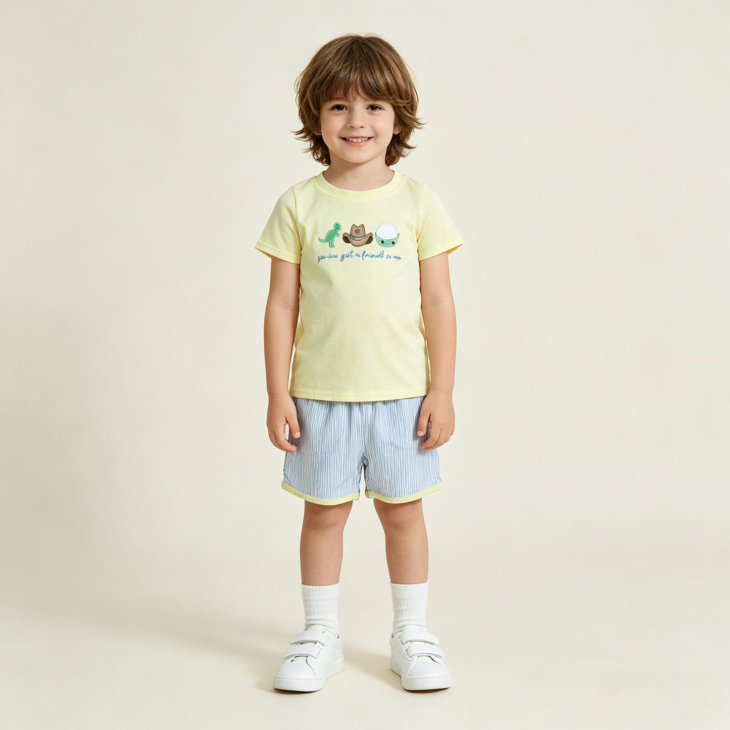 RTS NO MOQ BSSO1968 Baby Boys Dinosaur Embroidery Hat Set Pocket Top Stripe Short Outfit