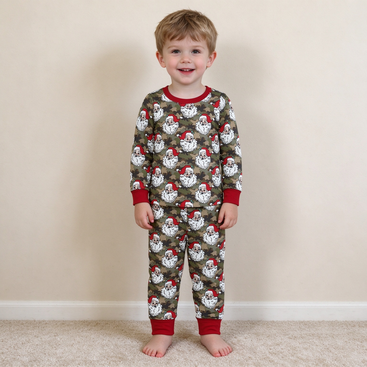 NEW RTS NO MOQ milk silk BLP1600 Baby Boys Green Camo Santa Print Long Sleeve Top Pant Christmas Pajamas Sets