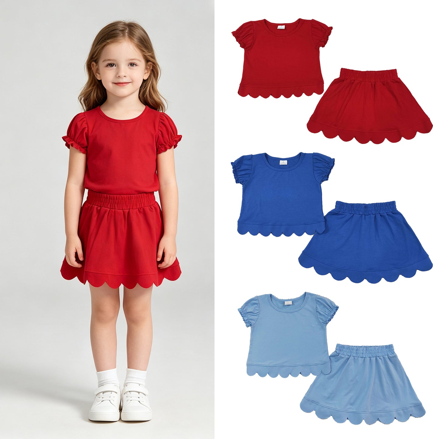 RTS NO MOQ Sibling cotton Baby Girls Short Ruffle Sleeve Top Matching Scallop Skort Two Piece Clothes Set